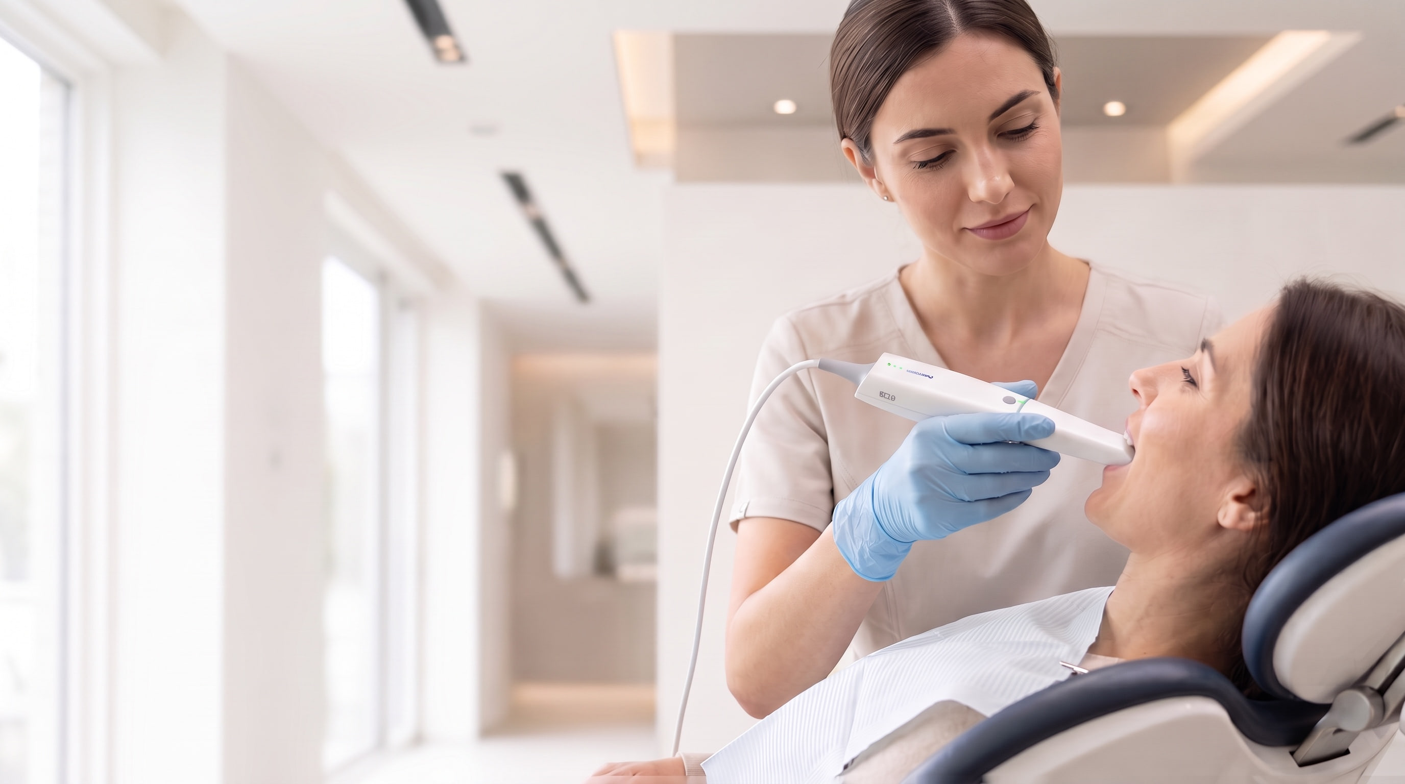 Dentystka wykonuje cyfrowy skan 3D zębów skanerem wewnątrzustnym Cameo Elegant 3