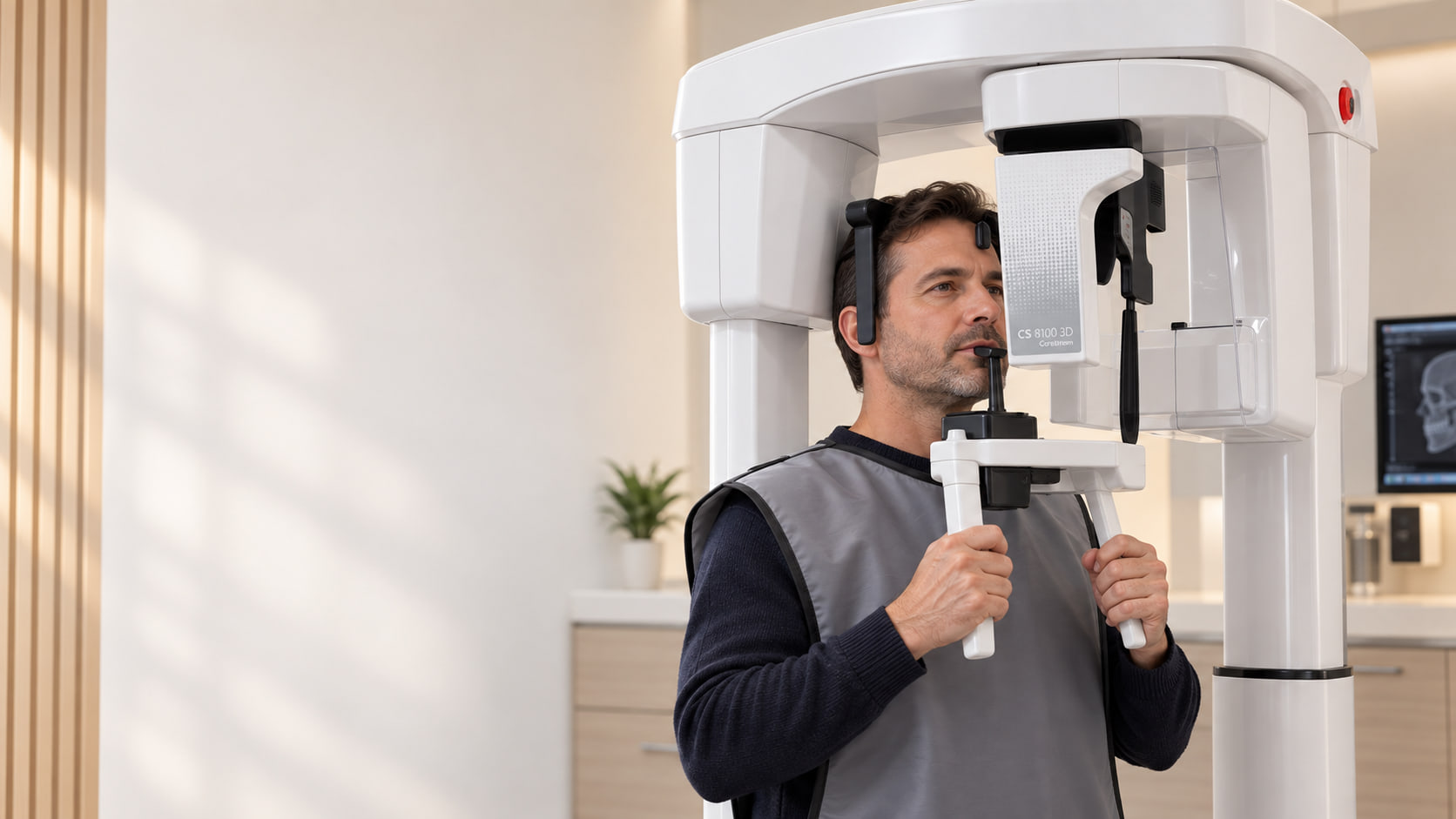 Pacjent w kamizelce ochronnej podczas tomografii komputerowej zębów Carestream CS 8100 3D