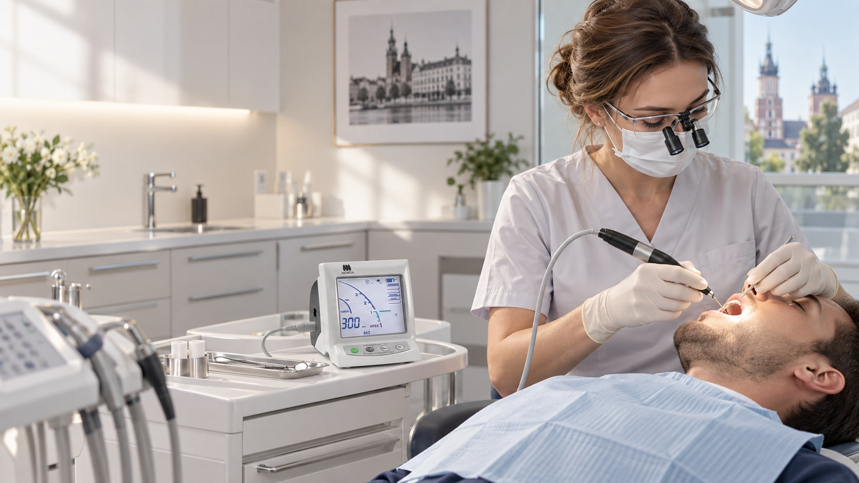 Dentystka wykonuje leczenie kanałowe z elektronicznym pomiarem długości kanału endometrem TRI AUTO ZX
