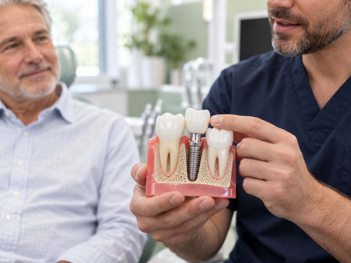 Model implantu zębowego z koroną protetyczną objaśniany podczas konsultacji