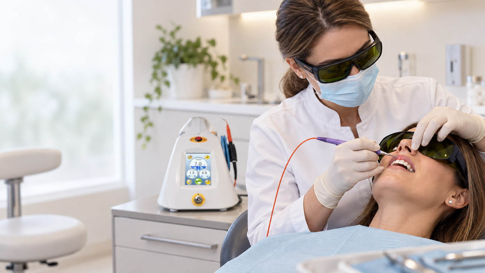 Dentystka i pacjentka w okularach ochronnych podczas zabiegu stomatologicznego laserem diodowym Picasso
