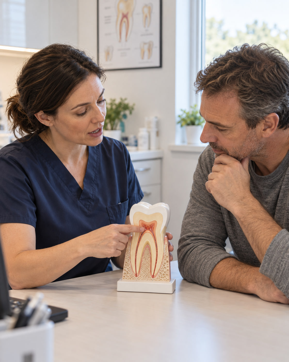 Dentystka omawia z pacjentem wnętrze zęba na modelu przed leczeniem kanałowym
