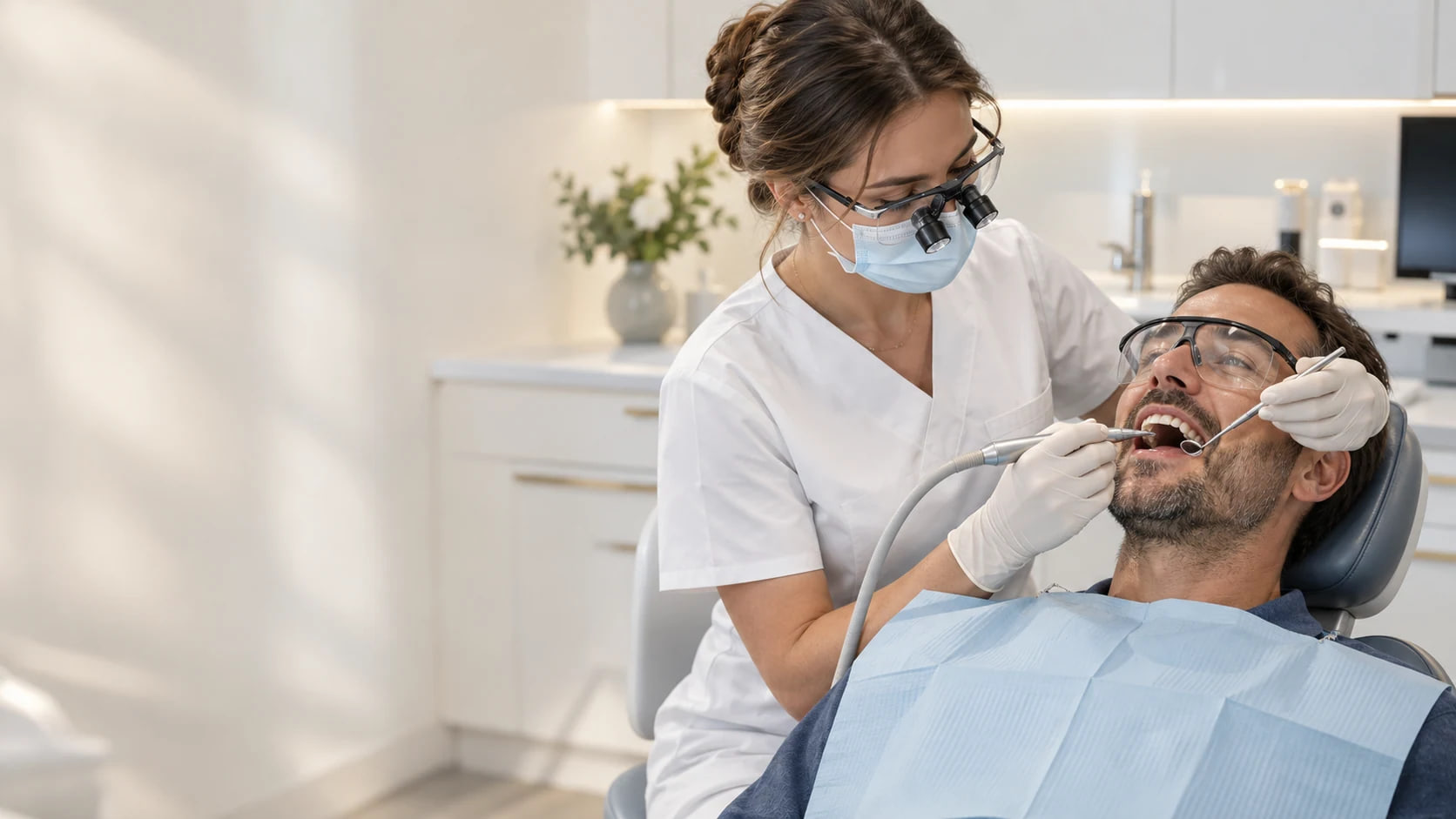 Dentystka podczas badania zachowawczego zęba pacjenta