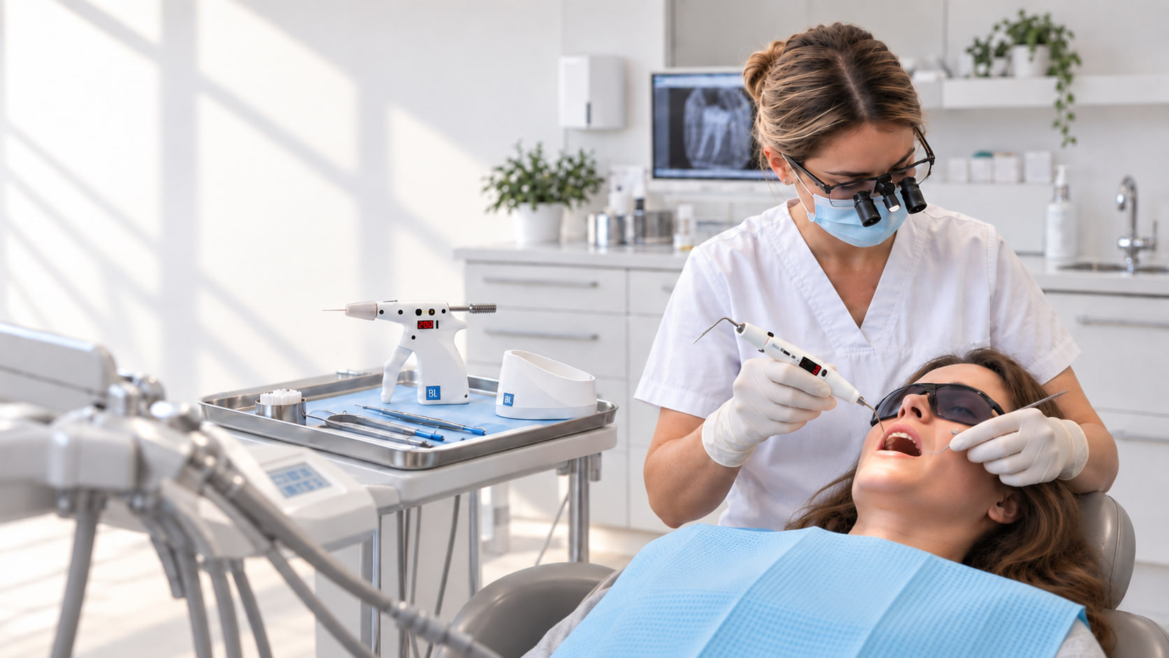 Dentystka wypełnia kanał zęba termoplastyczną gutaperką systemem B&L SuperEndo Alpha II i Beta