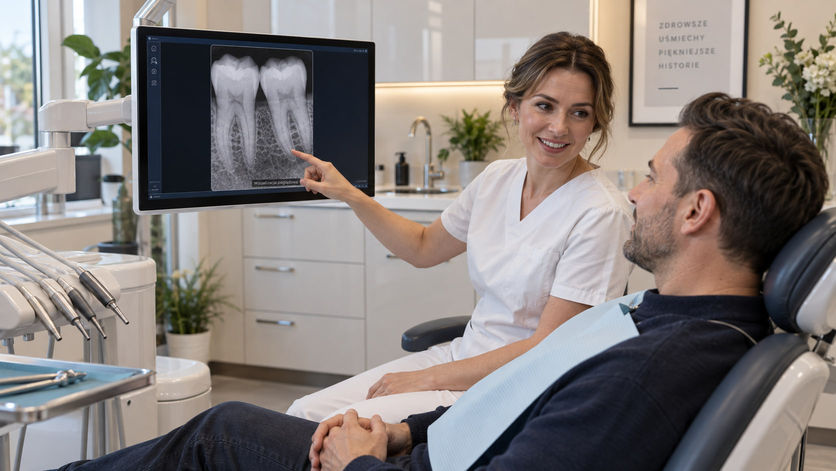 Dentystka omawia z pacjentem powiększone zdjęcie punktowe dwóch zębów wyświetlone na monitorze