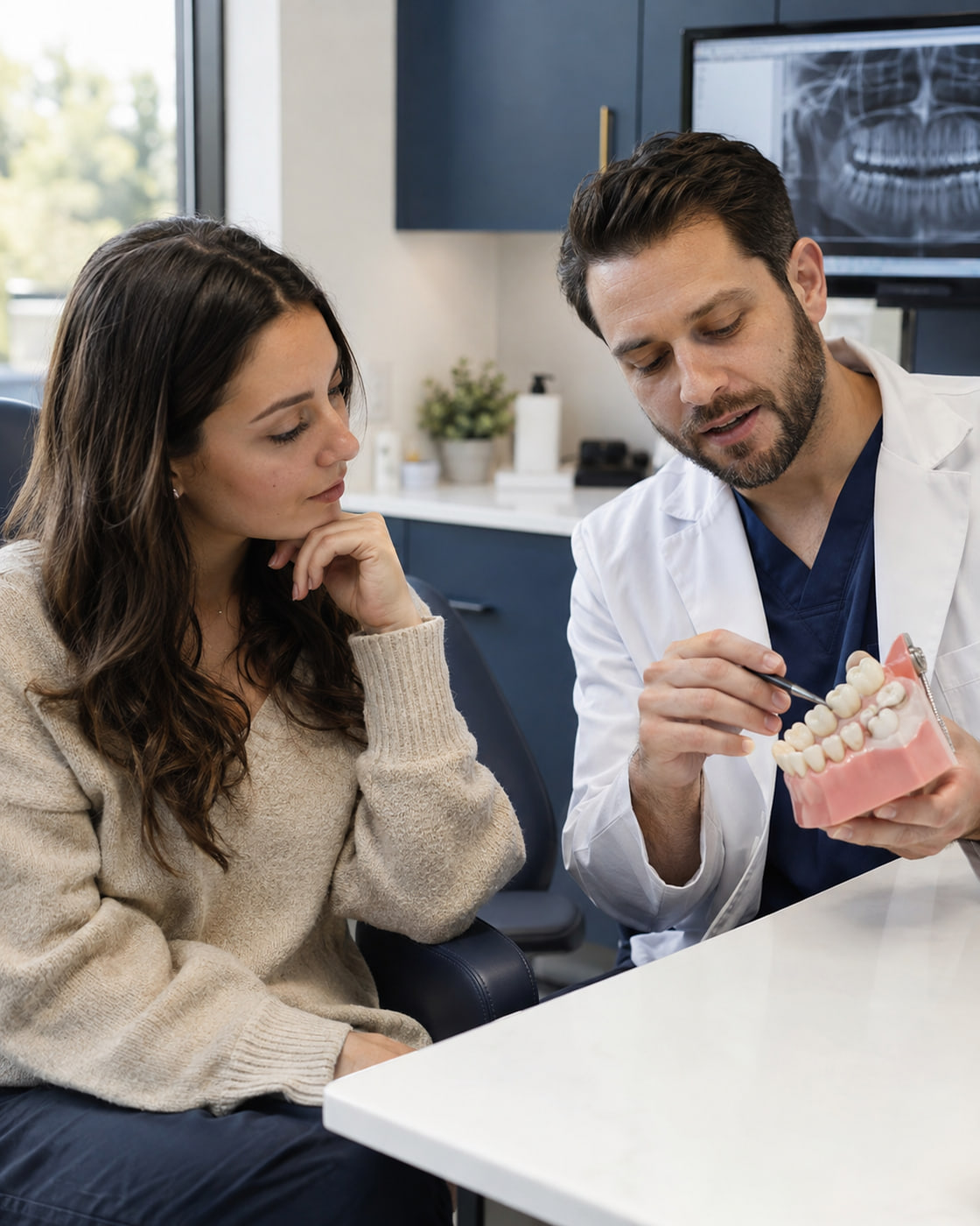 Dentysta wyjaśnia pacjentce położenie tylnych zębów na modelu podczas konsultacji przed usunięciem ósemki